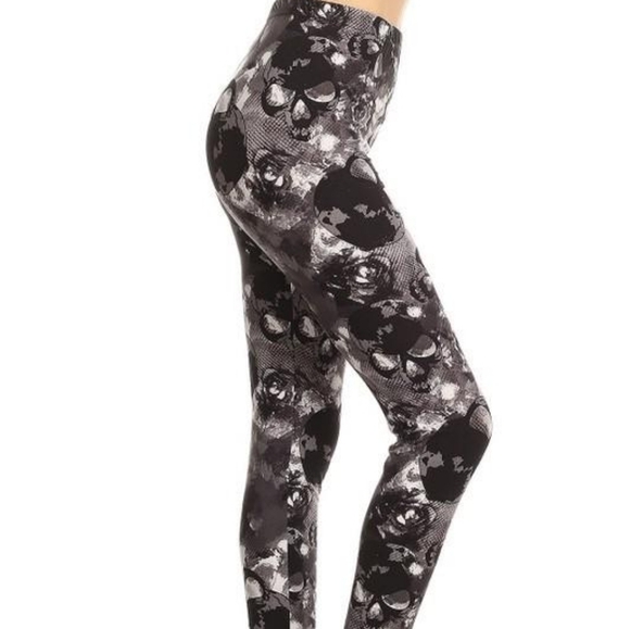 LEGGINGS DEPOT Black & Gray Skull Print Full Length Leggings Size 12 NWT - Picture 1 of 3